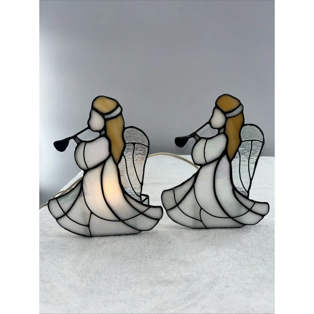 Set Of 2 Stained Glass Angel Accent Glass Metal Tiffany Style Night Lights